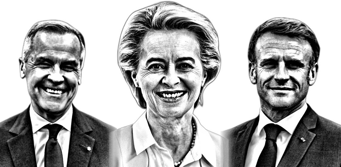 Portraits de Mark Carney, Ursula von der Leyen et Emmanuel Macron