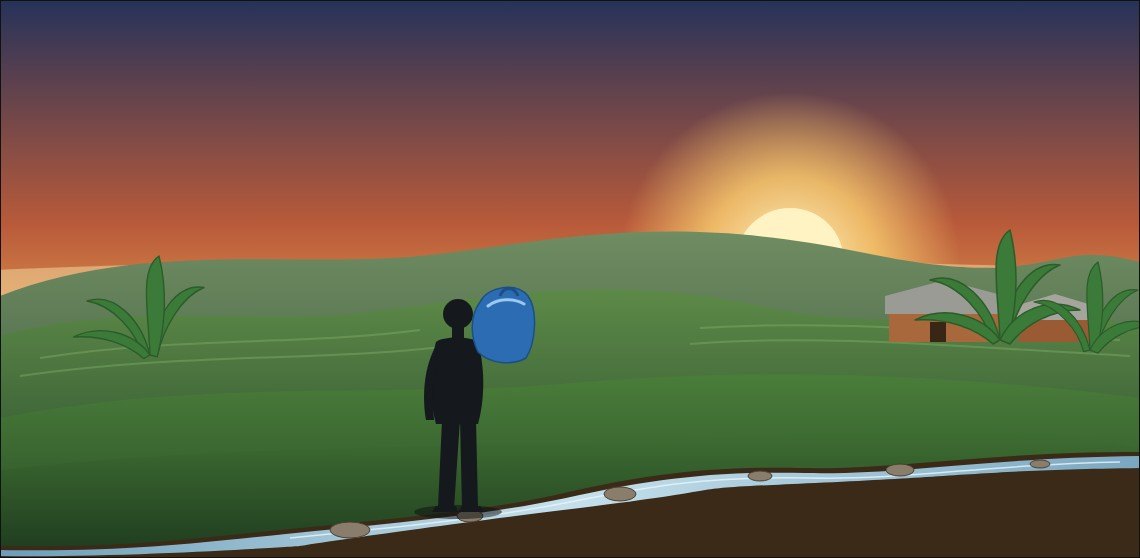 Silhouette d’un jeune homme, un sac bleu sur l’épaule, au bord d’un filet d’eau sur les collines du Rwanda au lever du soleil