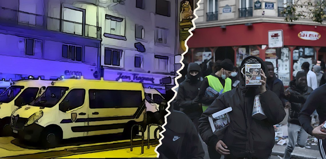 Montage peint : à gauche, des fourgons de CRS alignés de nuit devant la chocolaterie Trogneux à Amiens ; à droite, des pillards cagoulés emportant des marchandises dans une rue de Paris.